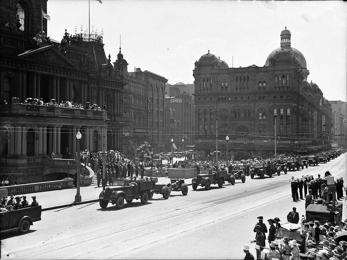 Military column on George Street past the Queen Victoria Building — photograph, from George Street, circa 1940