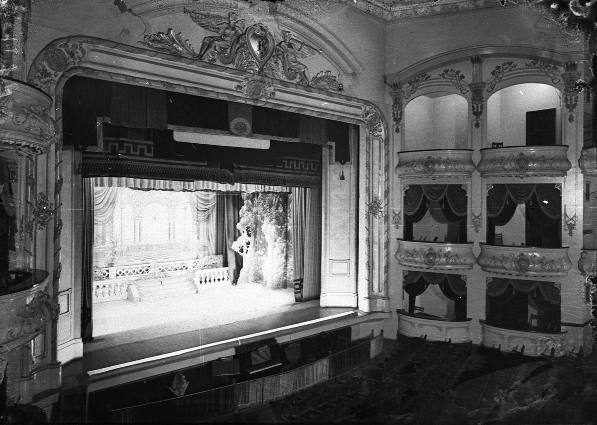 Majestic Theatre interior, Newtown — proscenium, boxes and stage — photograph, from Majestic Theatre (later Elizabethan Theatre), Newtown, circa 1938