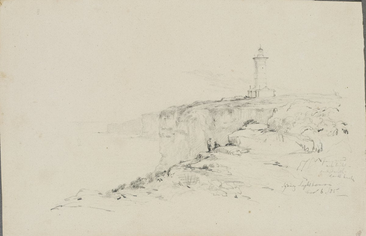 Macquarie Lighthouse on the cliffs at South Head — illustration, from Old South Head Road, circa 1835