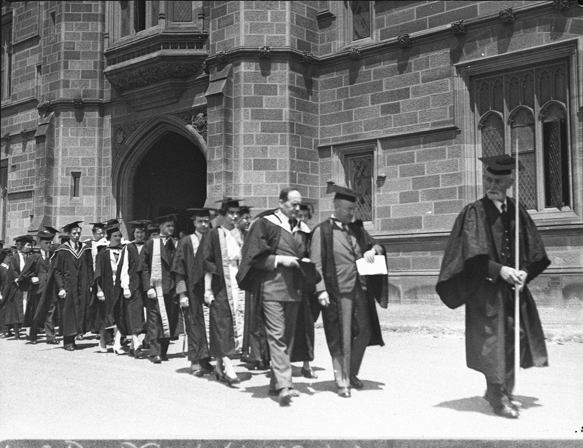 Academic procession at the University of Sydney Quadrangle — photograph, from University of Sydney, Camperdown, New South Wales, circa 1936
