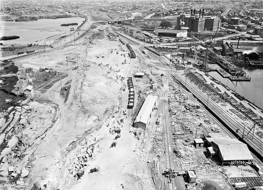 Glebe Island levelled for wharfage, Sydney — photograph, from Rozelle, 1920