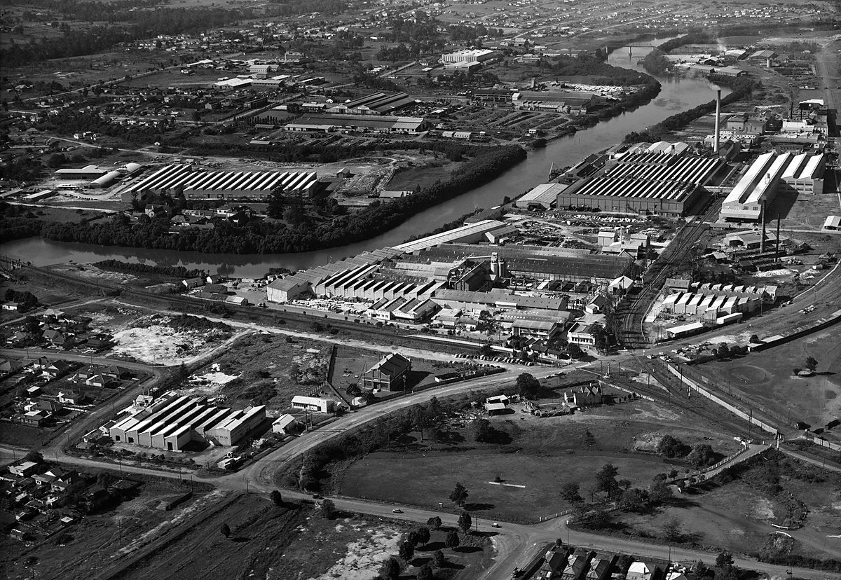 James Hardie works on the Parramatta River at Camellia — photograph, from Camellia, c. 1950