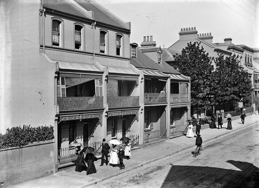 Terrace houses, Buckland Street, Chippendale, c. 1917 — photograph, from Buckland Street, circa 1917