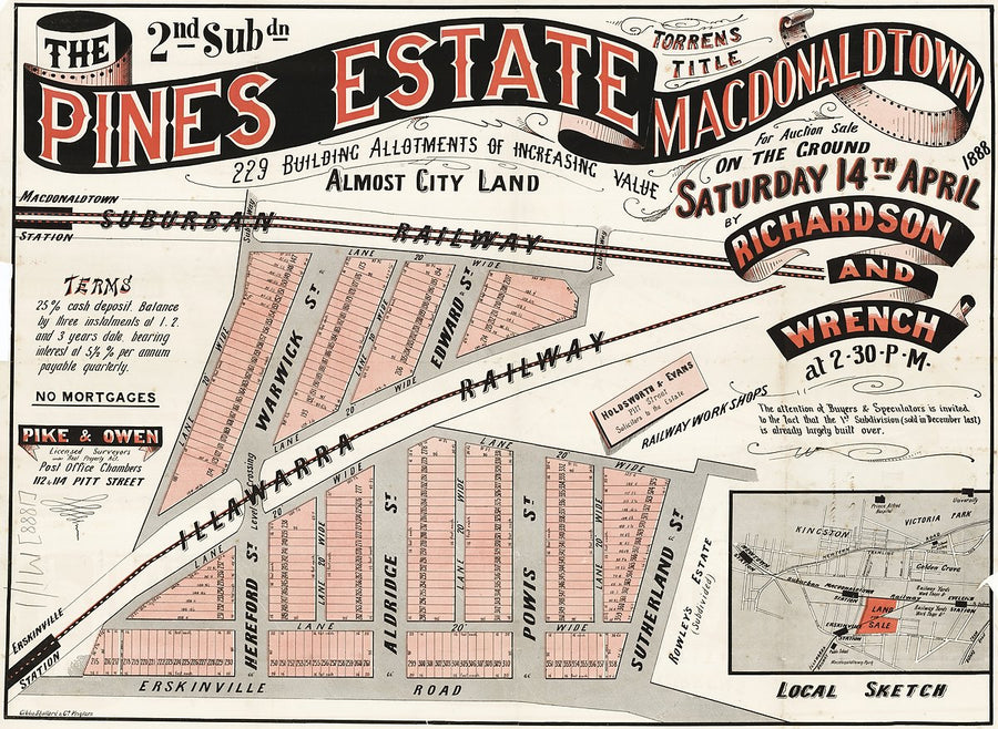 Pines Estate second subdivision, Macdonaldtown, 1888 auction plan — map, from Macdonaldtown