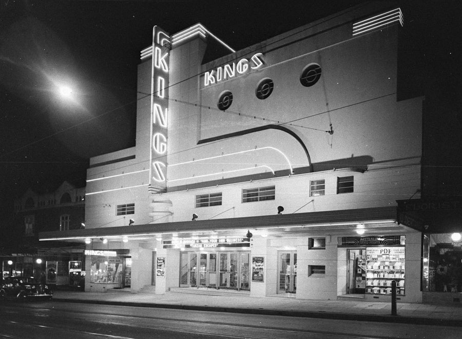 Kings Theatre, Marrickville, illuminated at night — photograph, from Marrickville, circa 1937