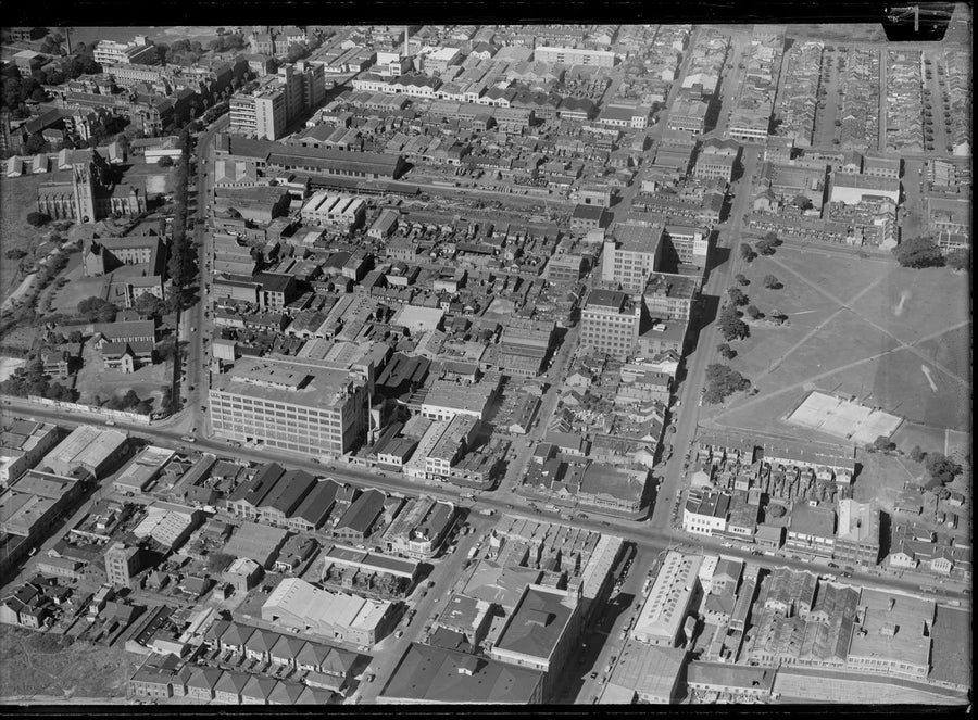 Aerial view over industrial Camperdown with the Bonds building — photograph, from Camperdown, New South Wales, circa 1950