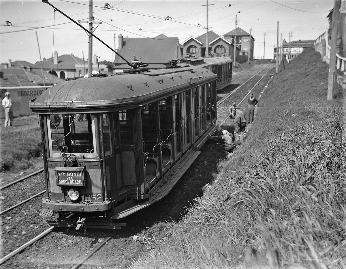 Derailed North Bondi tram, 1934 — photograph, from North Bondi, circa 1934