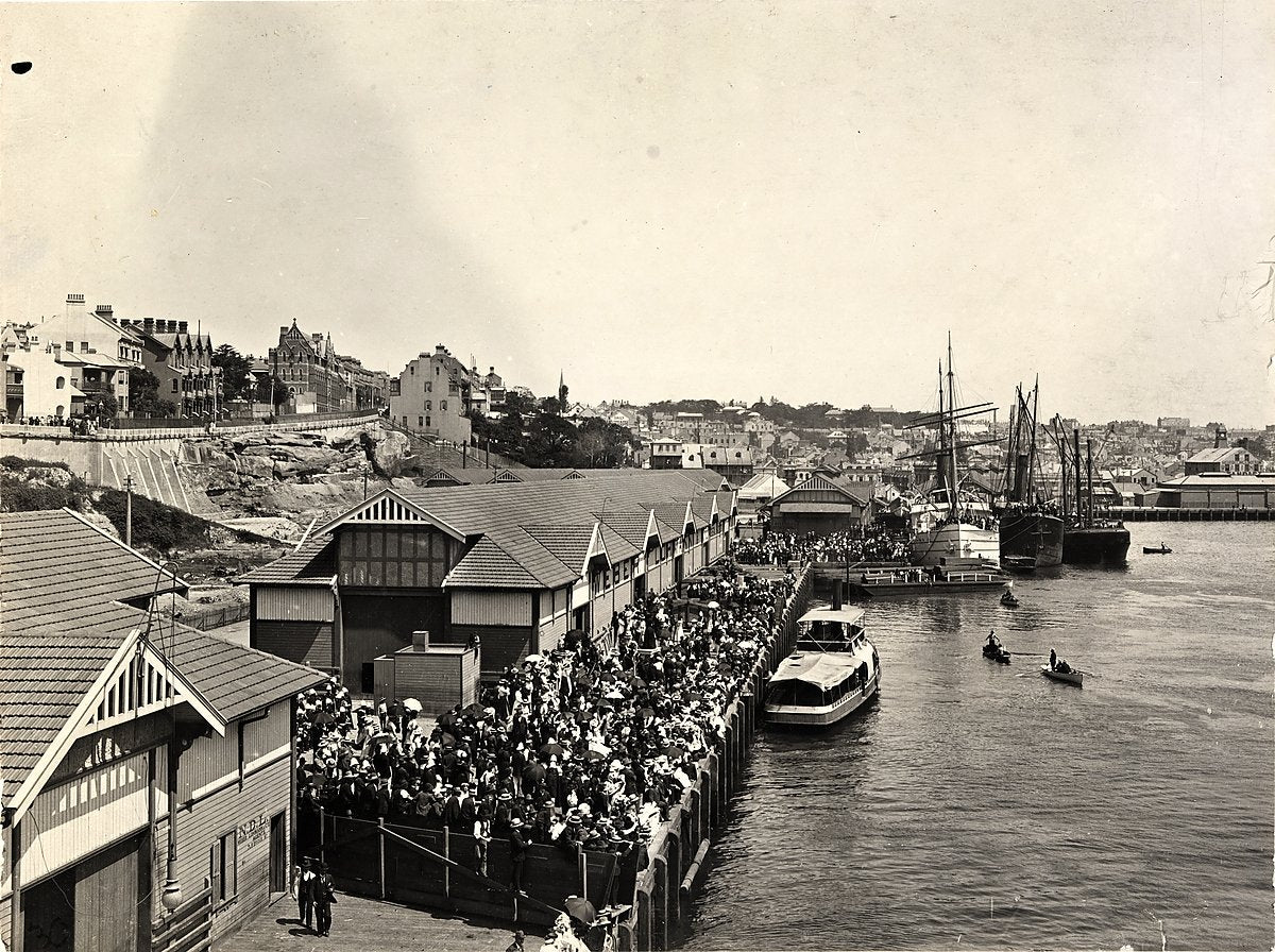 Crowd on a Sydney waterfront wharf beside ferry and sailing ships — photograph, from Sydney, 1900–38