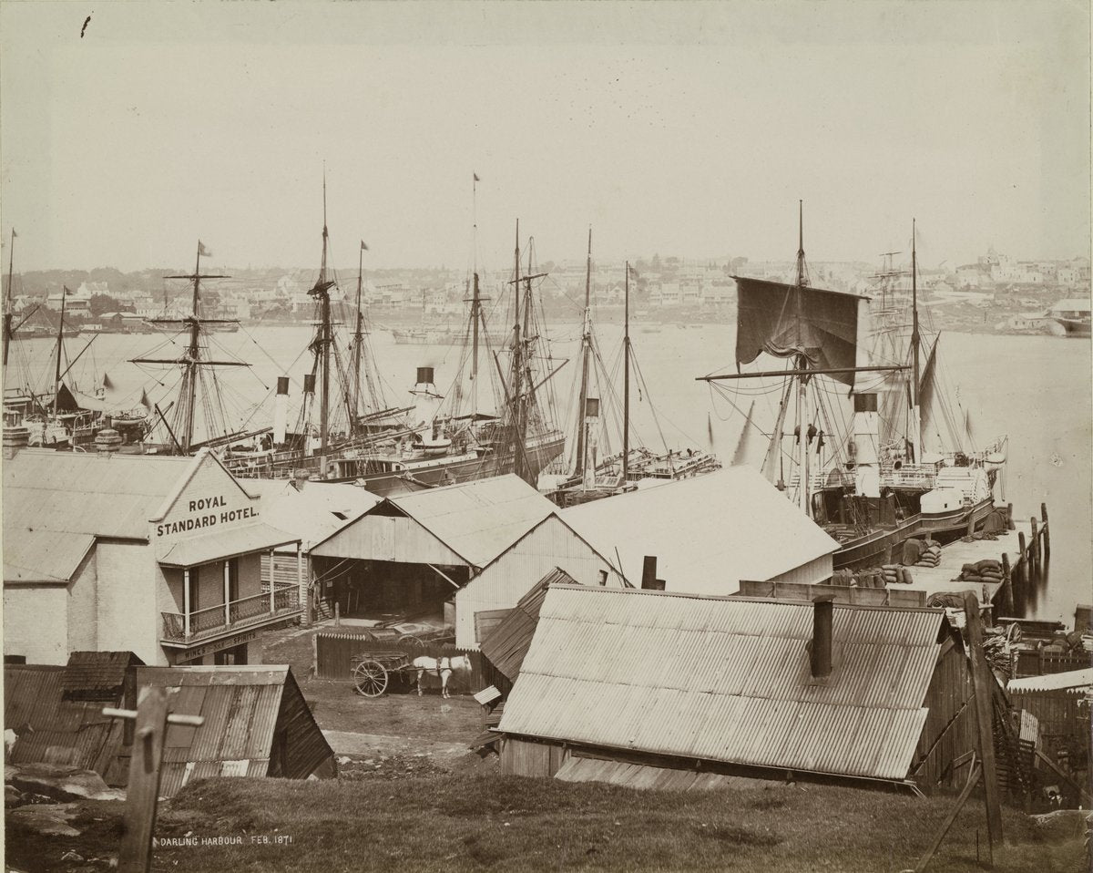 Darling Harbour wharves and the Royal Standard Hotel, February 1871 — photograph, from Darling Harbour, circa 1871