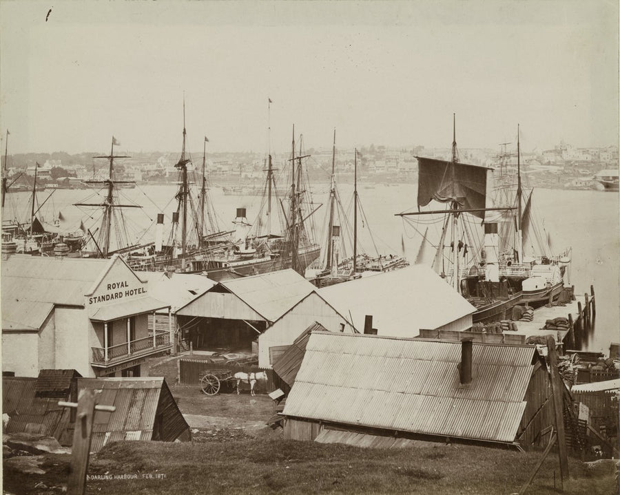Darling Harbour wharves and the Royal Standard Hotel, February 1871 — photograph, from Darling Harbour, circa 1871