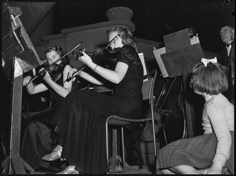Violinists rehearsing at the North Sydney Music Shell, 1948 — photograph, from North Sydney Music Shell, St Leonards Park, North Sydney, circa 1948