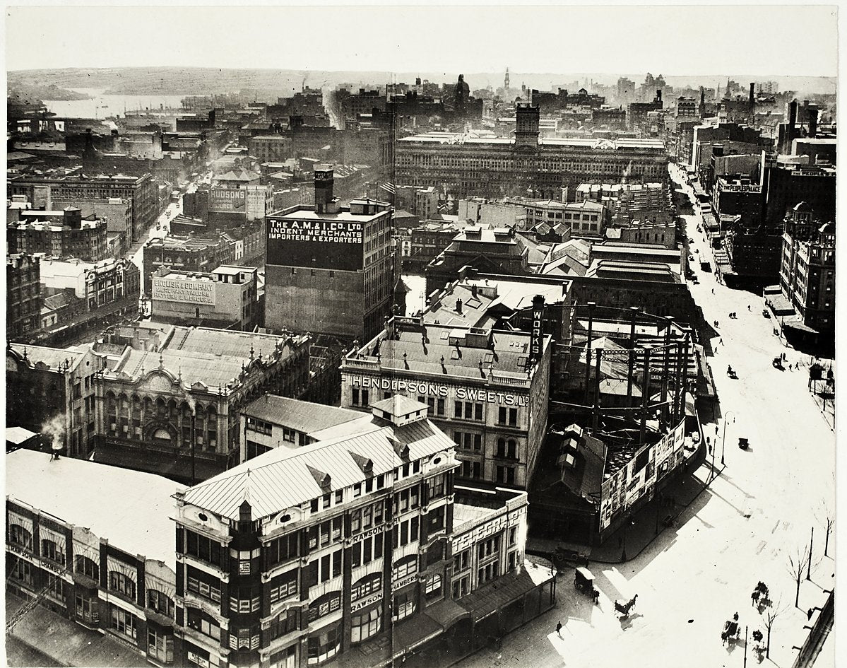 Hendipson's Sweets and Raison & Co Chambers, elevated Sydney street view — photograph, from Sydney, 1871–1920