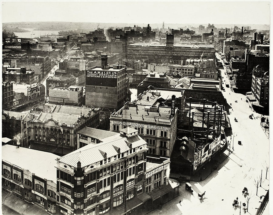 Hendipson's Sweets and Raison & Co Chambers, elevated Sydney street view — photograph, from Sydney, 1871–1920