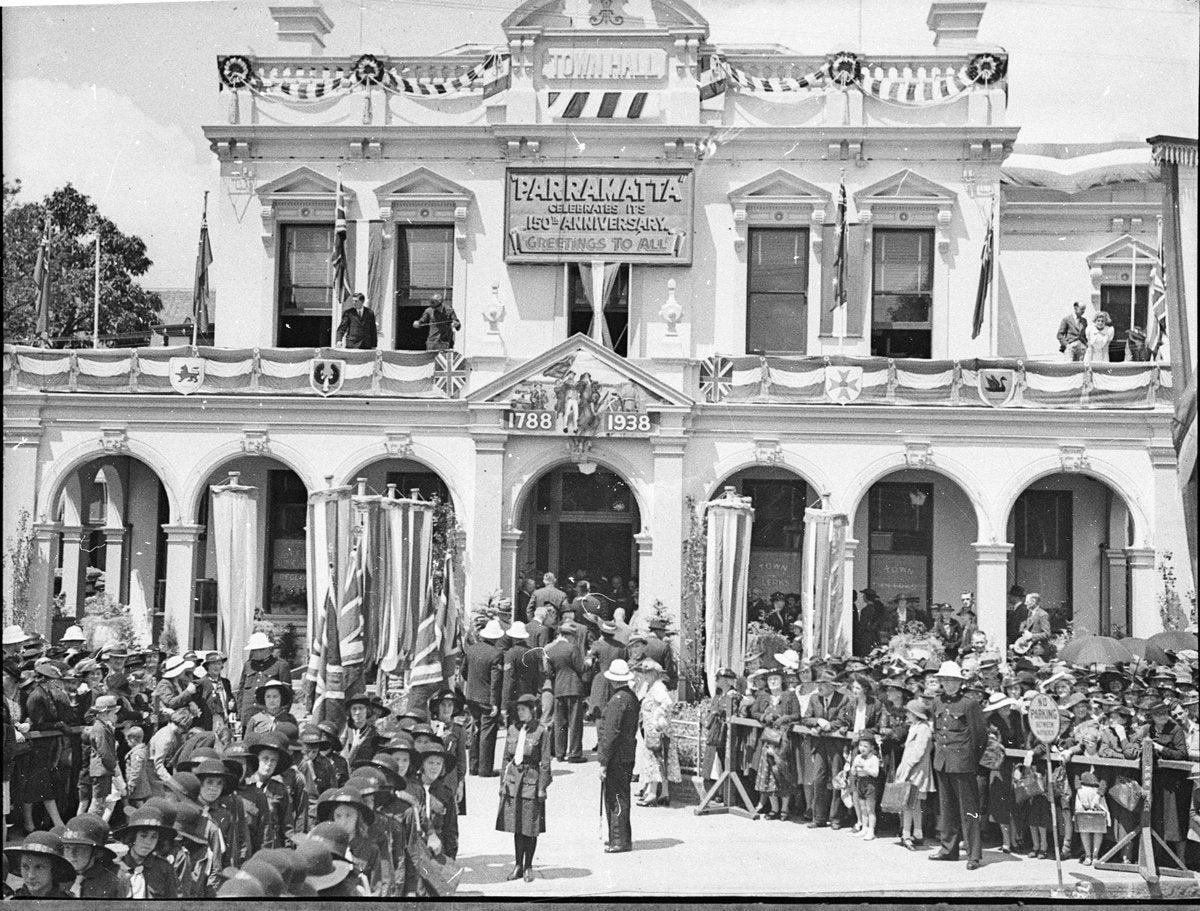 Parramatta Town Hall dressed for the 150th anniversary, 1938 — photograph, from Parramatta Town Hall, Parramatta, circa 1938