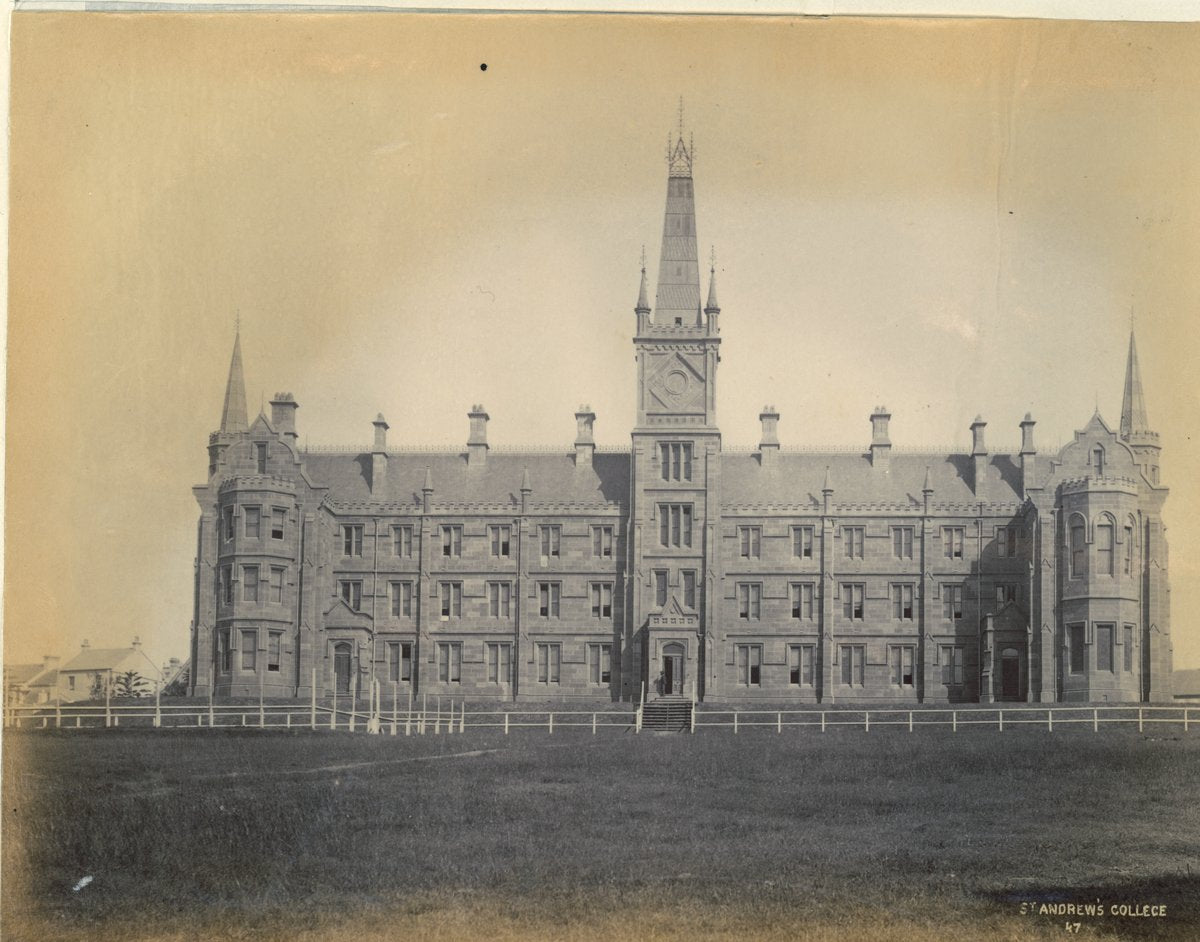 St Andrew's College, University of Sydney, from the field — photograph, from St Andrew's College, University of Sydney, Camperdown, circa 1880