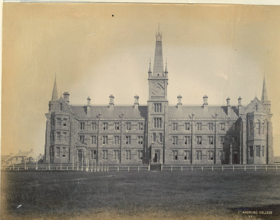 St Andrew's College, University of Sydney, from the field — photograph, from St Andrew's College, University of Sydney, Camperdown, circa 1880