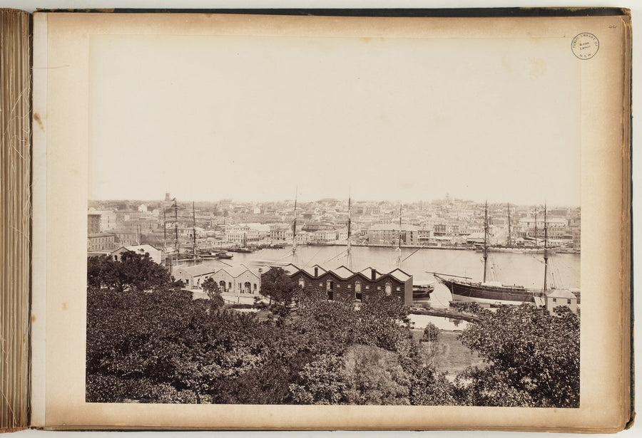 Sydney harbour with warehouses and sailing ships, 1870s–1890s — photograph, from Sydney, New South Wales, circa 1870
