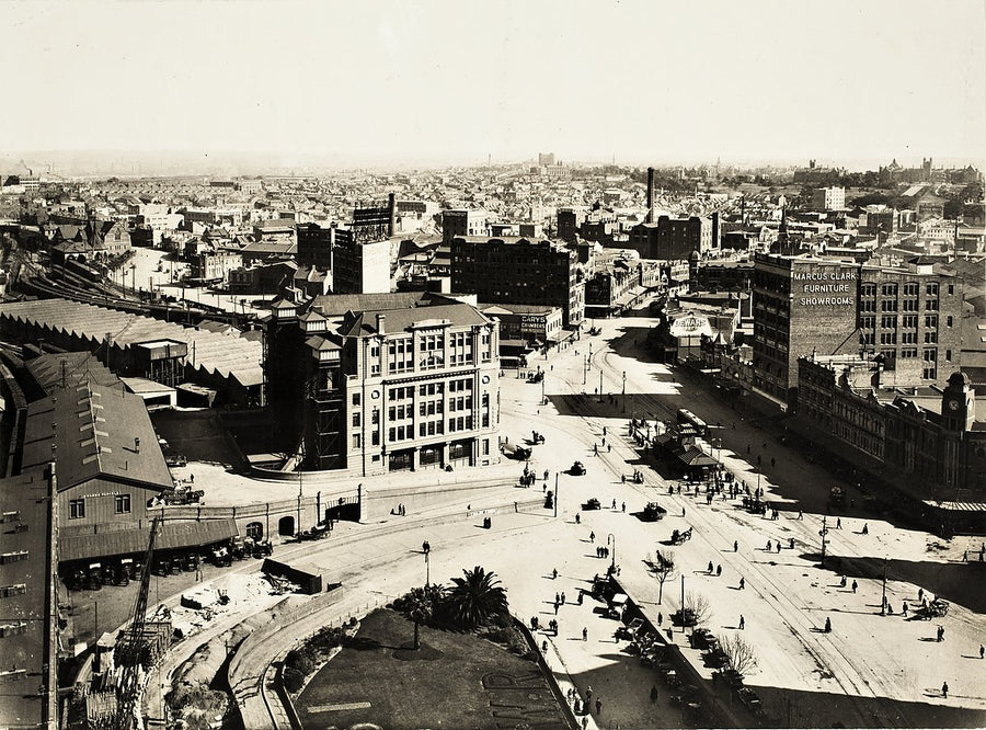 Elevated view over Railway Square, Sydney — photograph, from George Street, circa 1929