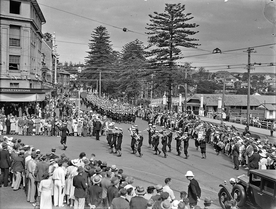 Military brass band marching in a Manly street parade — photograph, from Manly, circa 1940