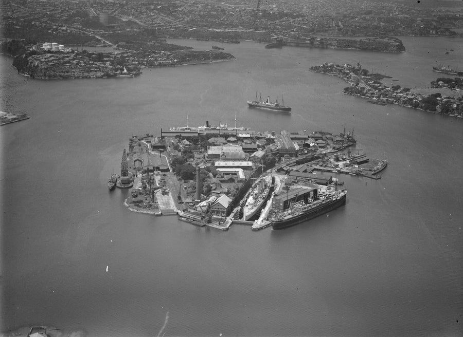 Cockatoo Island dockyard from the air, Sydney Harbour — photograph, from Woolwich, circa 1930