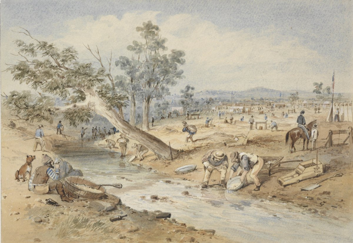 Back Creek, Bendigo, looking towards Epsom, 1860 — illustration, from Bendigo, circa 1860