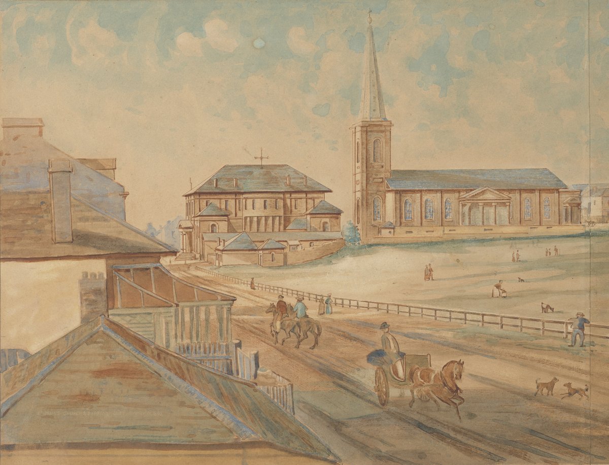 Supreme Court and St James' Church from Elizabeth Street, Sydney — photograph, from St James Church, circa 1842