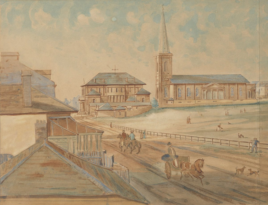 Supreme Court and St James' Church from Elizabeth Street, Sydney — photograph, from St James Church, circa 1842