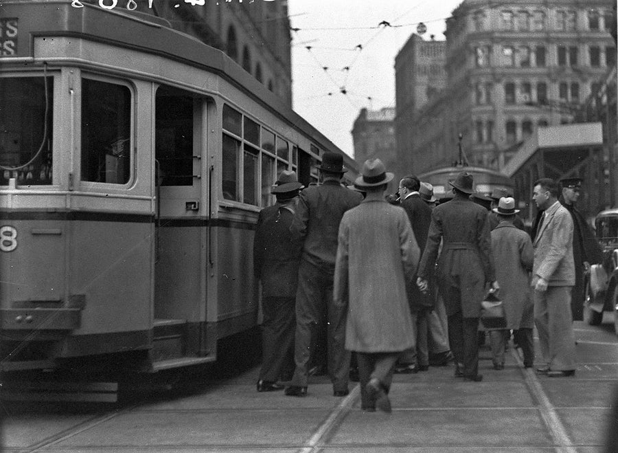 Kings Cross tram stopped after knocking down a pedestrian, Sydney, 1930 — photograph, from Victoria Street, circa 1930
