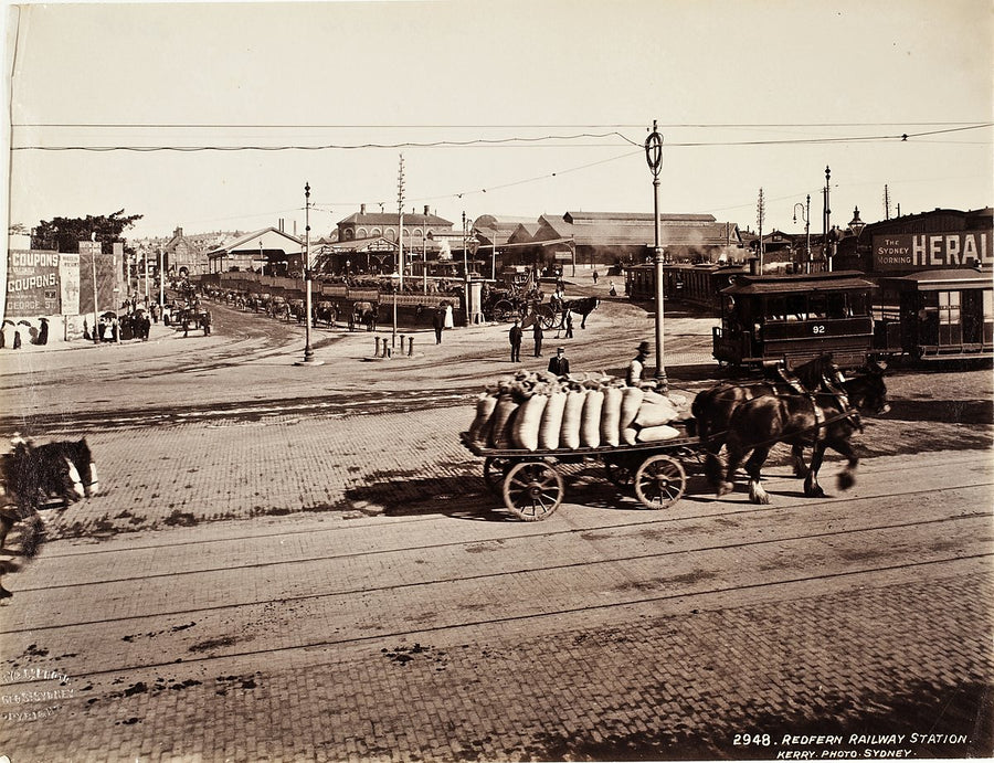 Horse-drawn wagon outside Redfern Railway Station, Sydney — photograph, from Randle Street, circa 1871