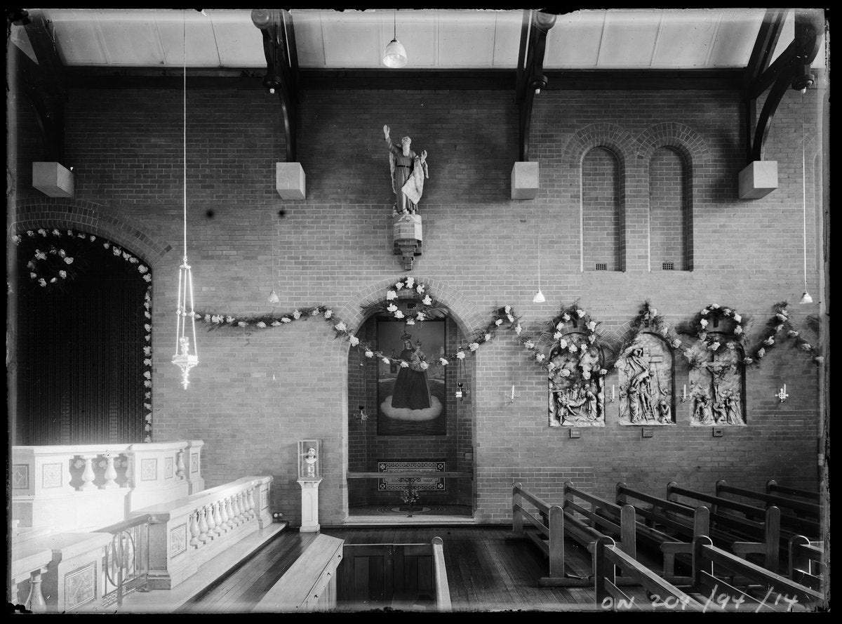 Carmelite convent chapel interior decorated for a Golden Jubilee, Marrickville — photograph, from Carmelite convent, Marrickville, circa 1933