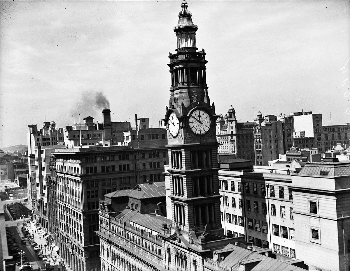 GPO clock tower from above, Sydney, 1937 — photograph, from Sydney General Post Office, circa 1937