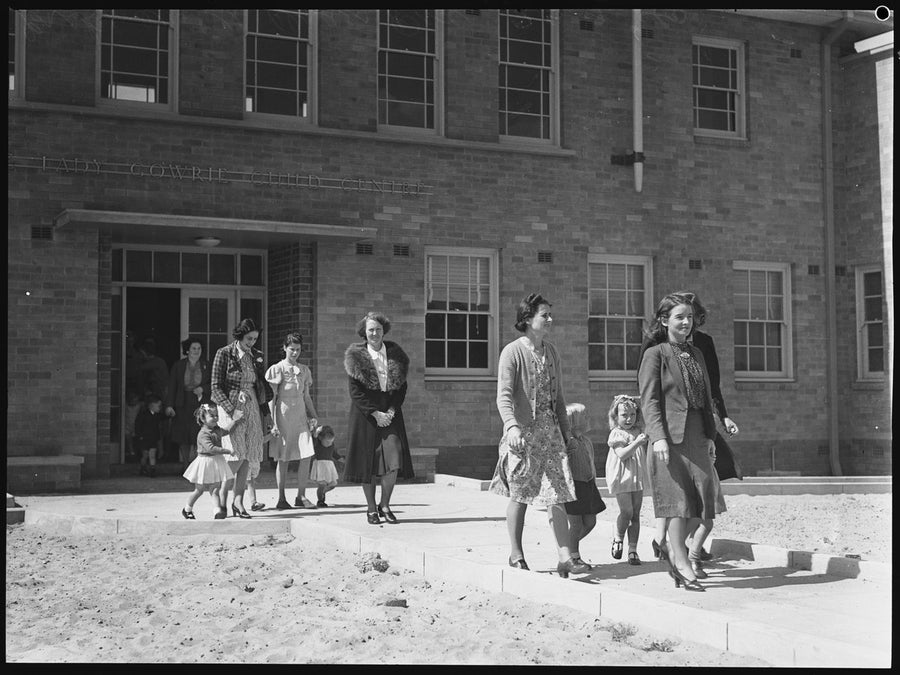 Mothers and children leaving the Lady Gowrie Child Centre, Erskineville — photograph, from Erskineville, circa 1940