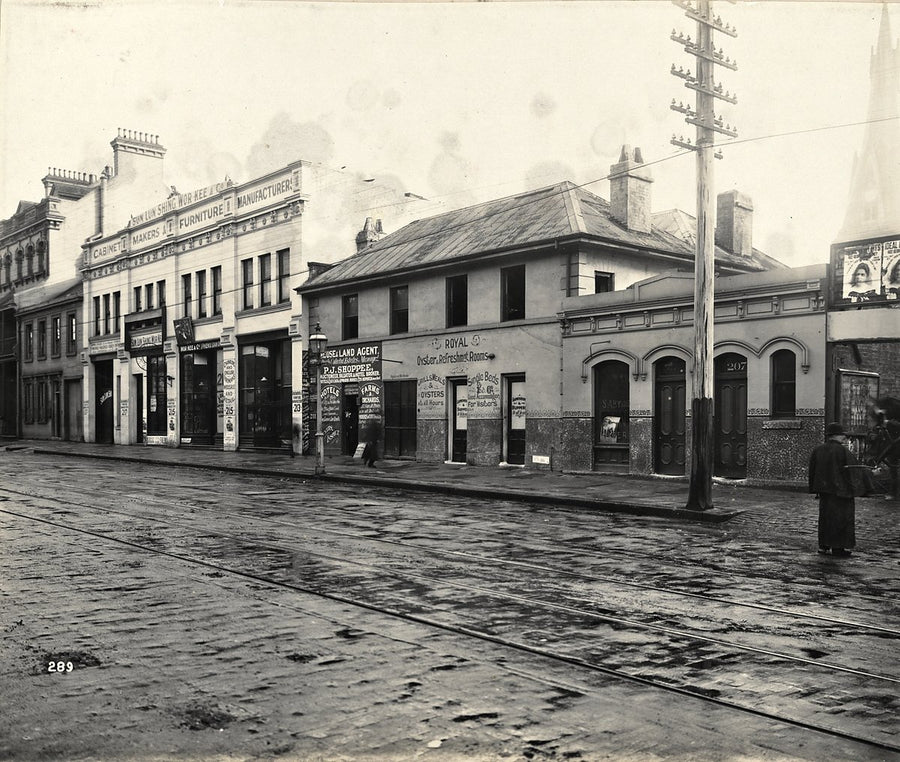 Cabinet makers and oyster rooms, Quarantine Area, Sydney — photograph, from The Rocks, 1900