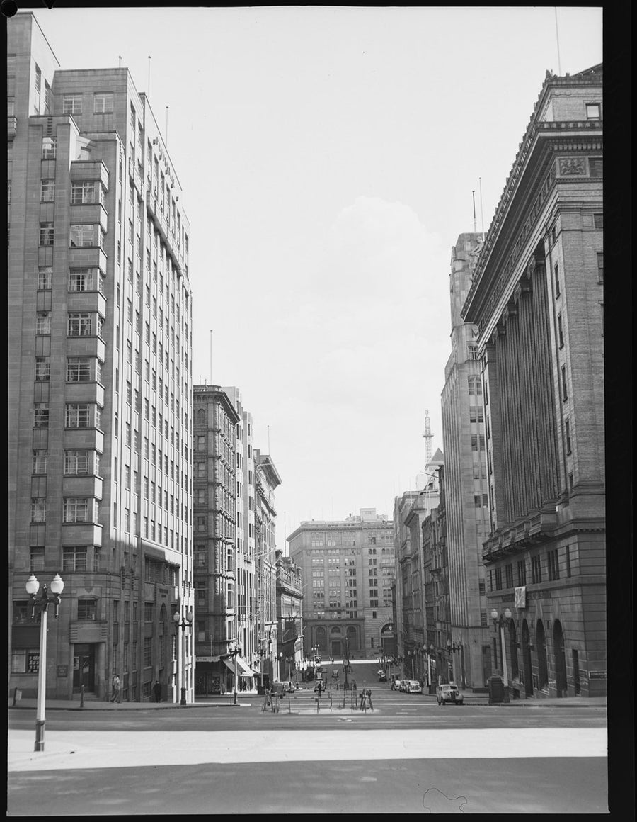 Wide Sydney city street with surveyors' tripods, 1951 — photograph, from Sydney central business district, New South Wales, circa 1951