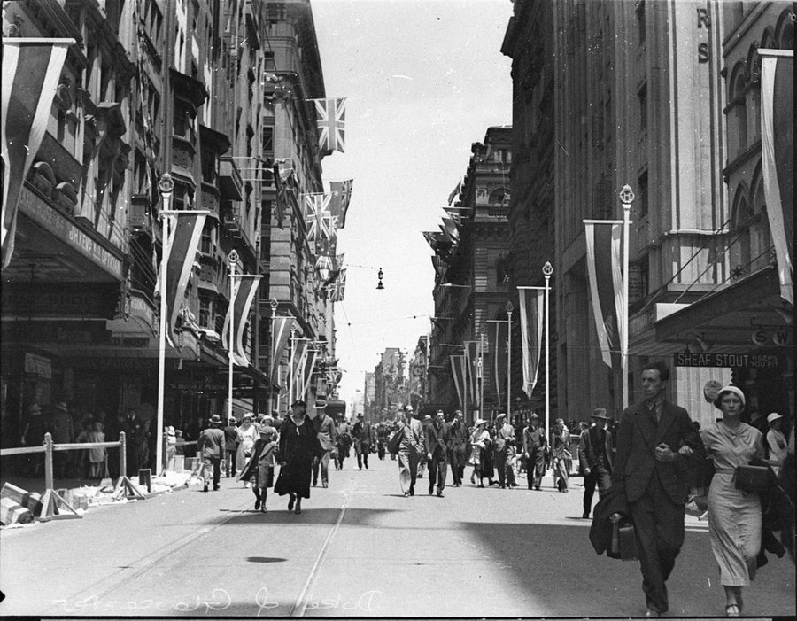 Pitt Street dressed with flags for the Duke of Gloucester's visit, 1934 — photograph, from Pitt Street, Sydney (looking south from north of Martin Place), circa 1934