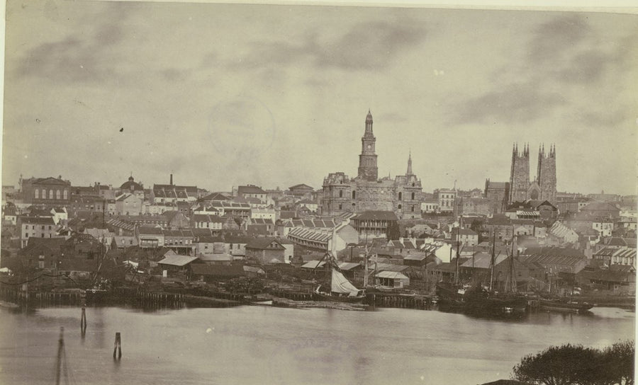 Sydney skyline across Darling Harbour from Pyrmont, c.1875 — photograph, from Pyrmont, looking across Darling Harbour to the City of Sydney, circa 1875