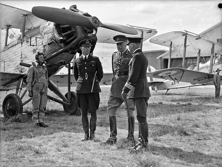 RAAF officers and a Westland Wapiti marked A5-9 — photograph, from Racecourse Road, circa 1957