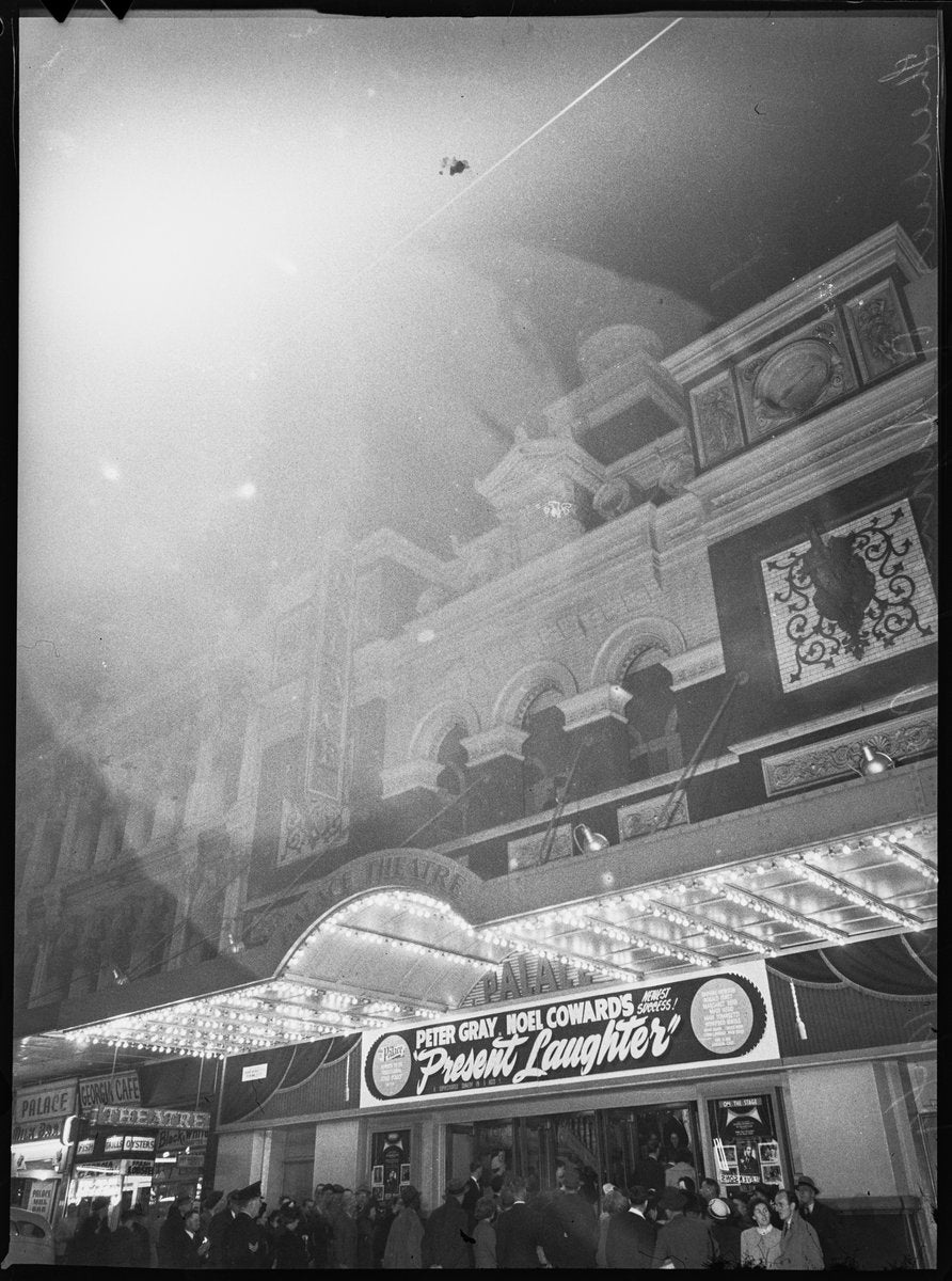Palace Theatre at night, marquee billing 'Present Laughter' — photograph, from Palace Theatre, Castlereagh Street, Sydney, circa 1949