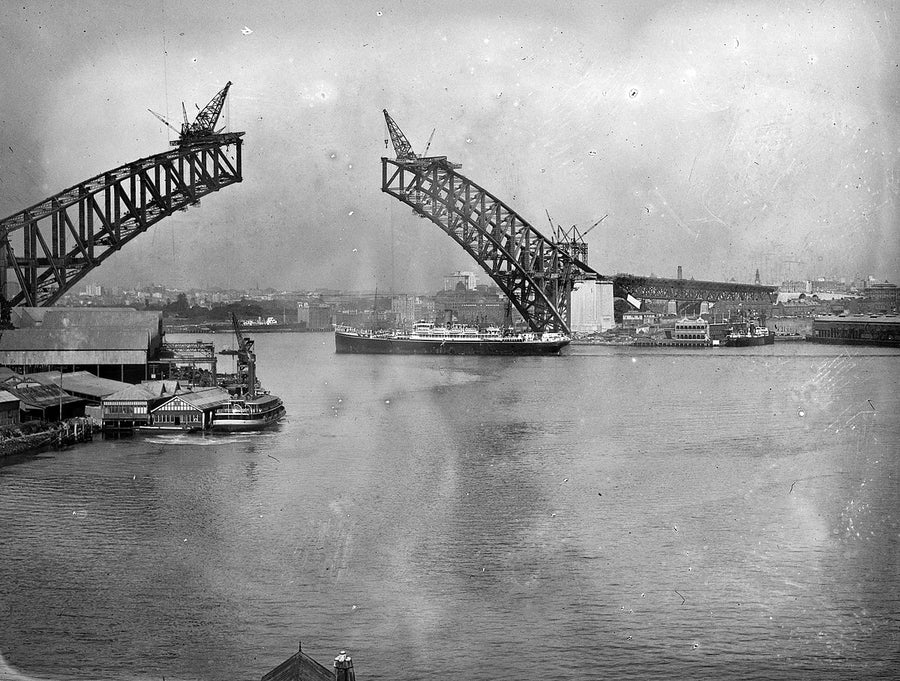 Sydney Harbour Bridge arch arms before joining, 1930 — photograph, from Sydney Harbour Bridge, circa 1930