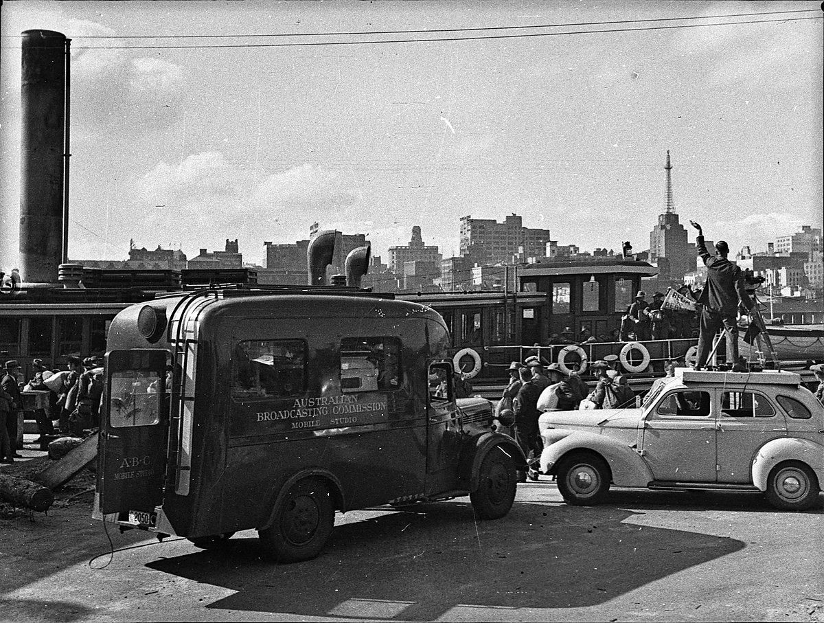 ABC mobile studio van recording troops embarking, Darling Harbour — photograph, from Darling Harbour, circa 1940