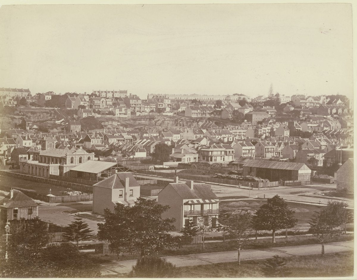 Woolloomooloo rooftops and Forbes Street frontage, ca. 1875–1885 — photograph, from Woolloomooloo, Sydney, circa 1880