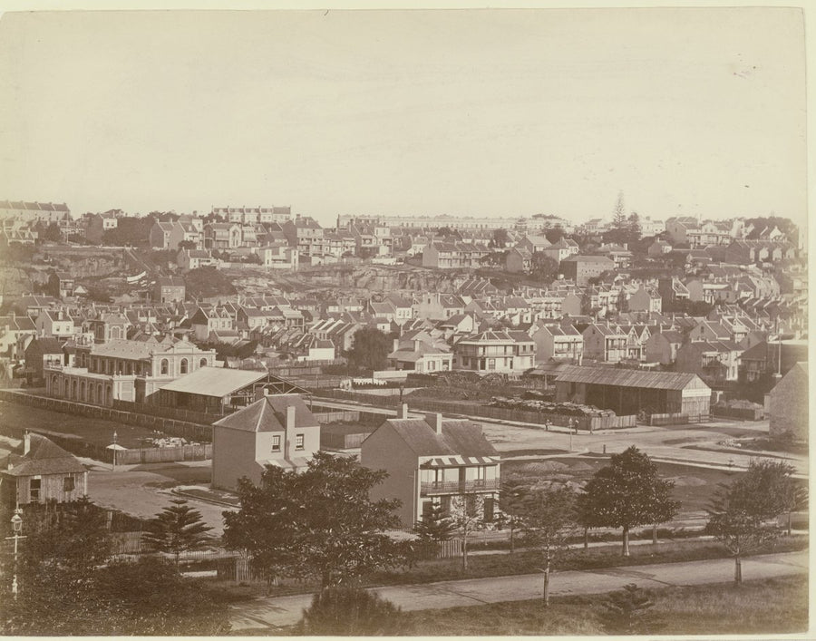 Woolloomooloo rooftops and Forbes Street frontage, ca. 1875–1885 — photograph, from Woolloomooloo, Sydney, circa 1880