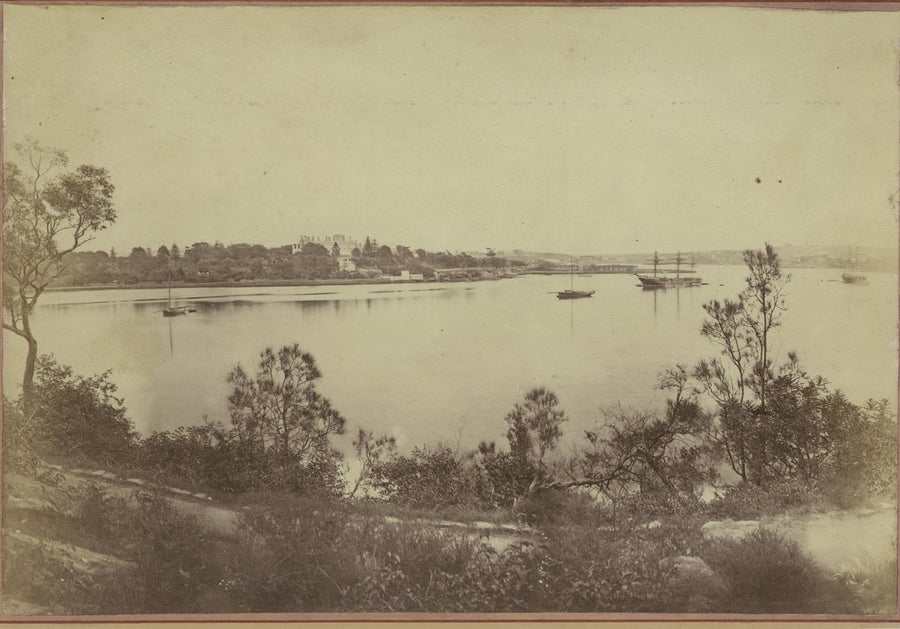 Farm Cove from across the water, with shipping at anchor — photograph, from Farm Cove, Sydney Harbour, New South Wales, circa 1870