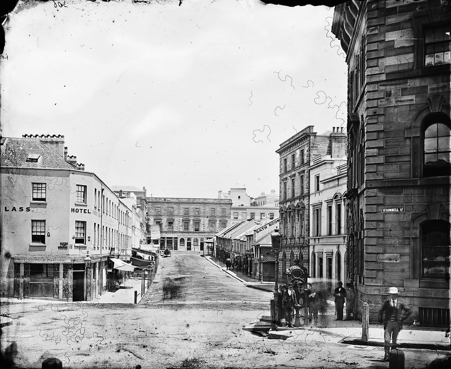 O'Connell Street corner hotel with 'Bath Room' sign beyond, Sydney — photograph, from O'Connell Street, circa 1870