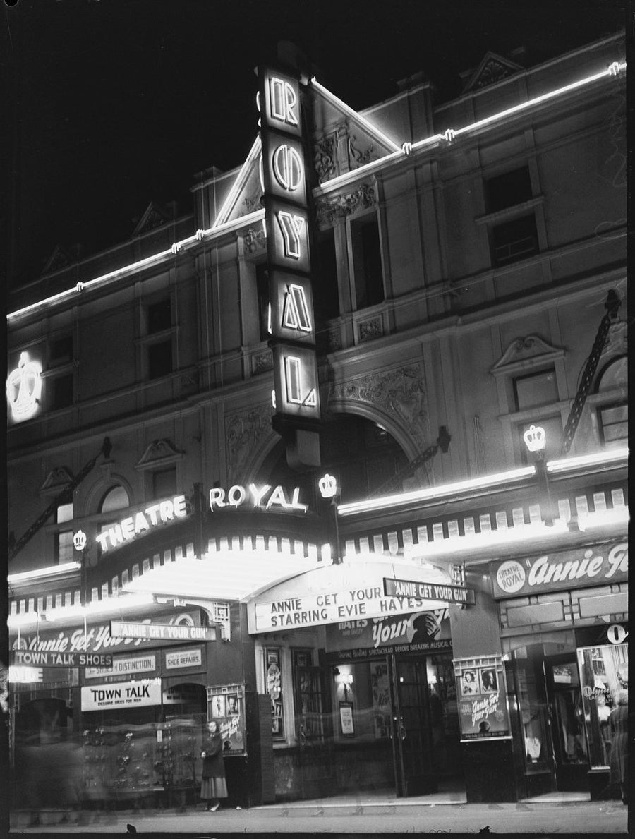 Theatre Royal at night, "Annie Get Your Gun" on the marquee — photograph, from Theatre Royal, Castlereagh Street, Sydney, circa 1949