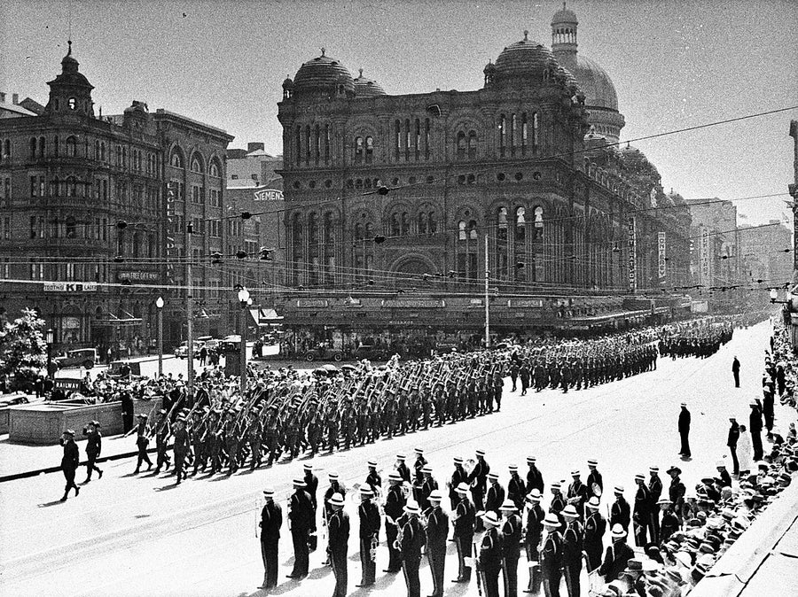 2nd AIF troops marching past the Queen Victoria Building, George Street, Sydney — photograph, from Queen Victoria Building, circa 1940