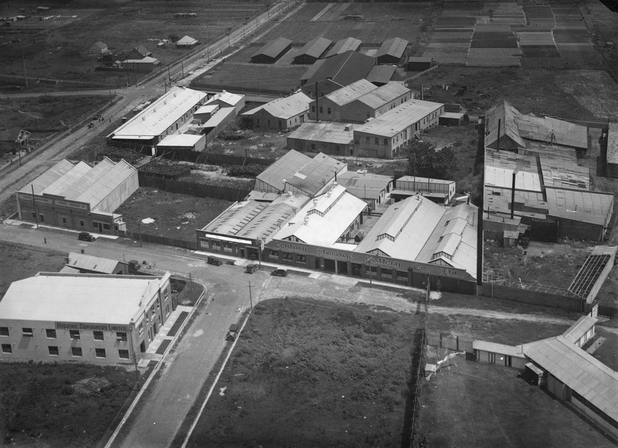 Century Storage Battery Co. works and market gardens from the air — photograph, circa 1930