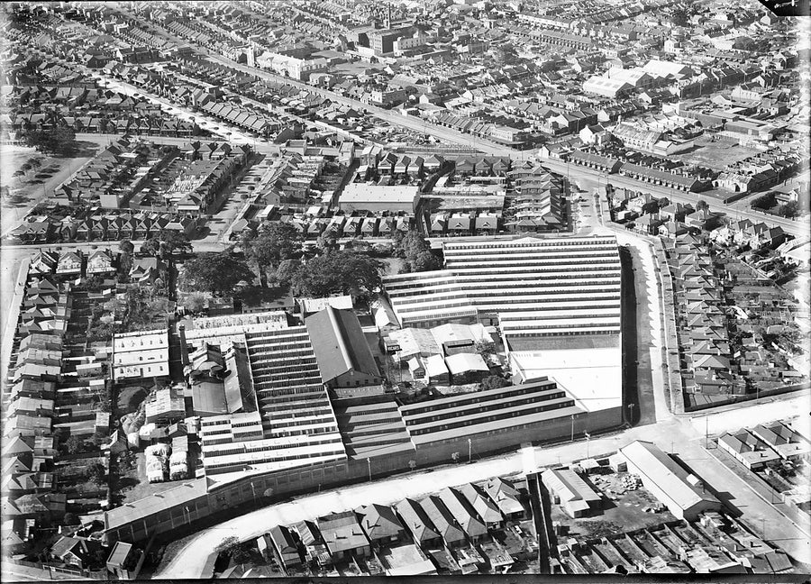 Marrickville mill and terrace streets from the air — photograph, from Marrickville, c. 1937