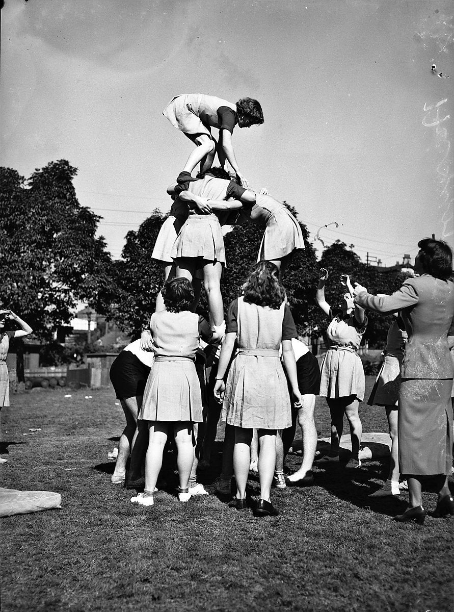 Students form a human pyramid at Balmain Teachers' College, 1950 — photograph, from Balmain, circa 1950