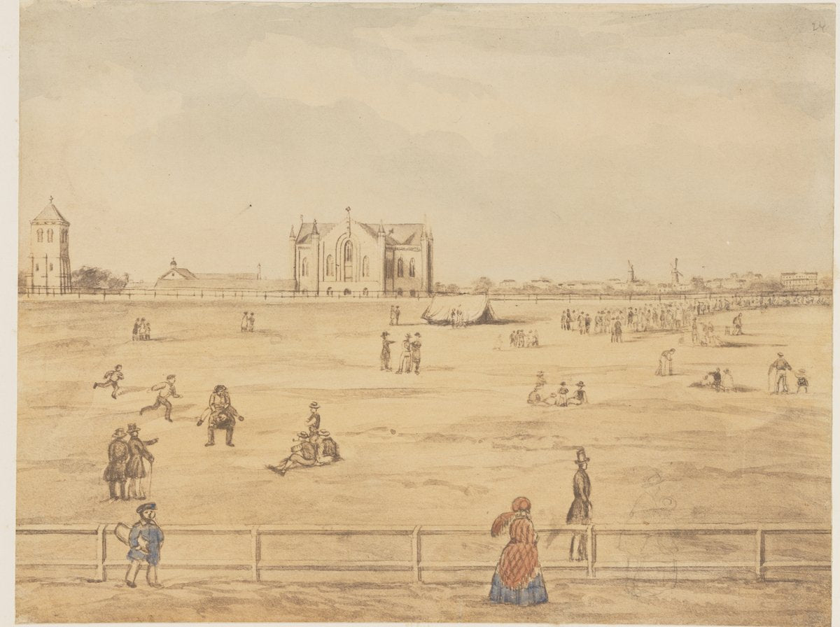 Hyde Park, with old St Mary's Cathedral and the Woolloomooloo windmills — illustration, from Hyde Park, Sydney, circa 1842
